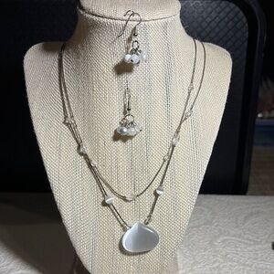 Elegant Silver and White Necklace with Oval Pendant and Earrings